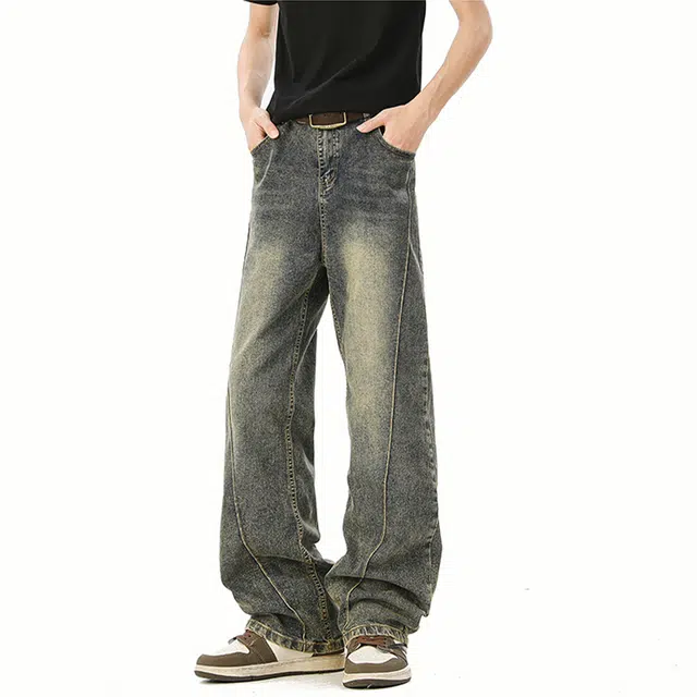 佐菲利 美式做旧复古高街宽松直筒牛仔裤 男女同款