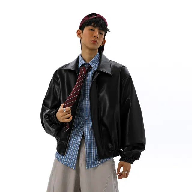 佐菲利 复古短款双拉链皮衣翻领外套机车风垫肩飞行员高级感夹克 男女同款