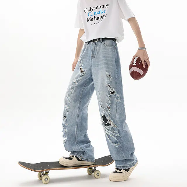 佐菲利 美式做旧破洞宽松松弛感直筒牛仔裤 男女同款