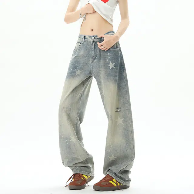 佐菲利 高街水洗直筒夏季美式复古做旧星星印花宽松显瘦超火牛仔裤 男女同款
