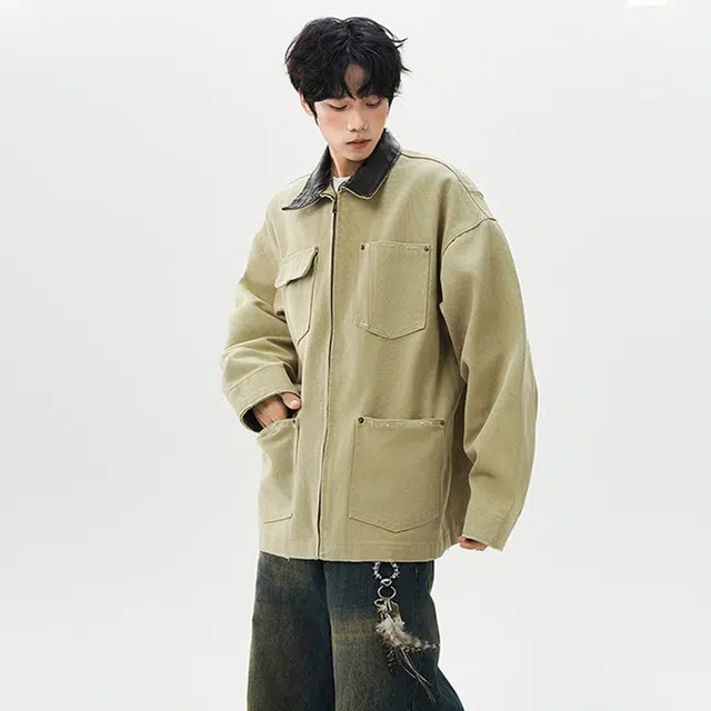 佐菲利 美式复古皮领工装牛仔外套宽松休闲中性风翻领上衣夹克 男女同款