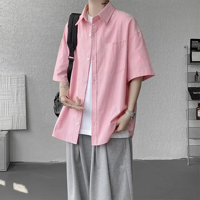 佐菲利 港风宽松条纹中袖外套透气短袖衬衫 男女同款