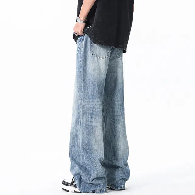 佐菲利 美式潮牌复古水洗做旧设计感高街痞帅宽松直筒牛仔裤 男女同款