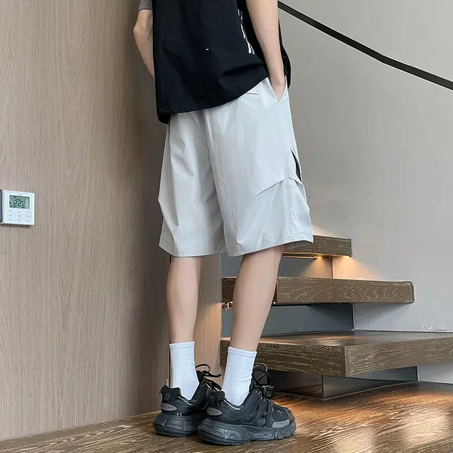 佐菲利 夏季薄款速干五分裤子美式高街褶皱设计感拼接宽松直筒休闲短裤 男款