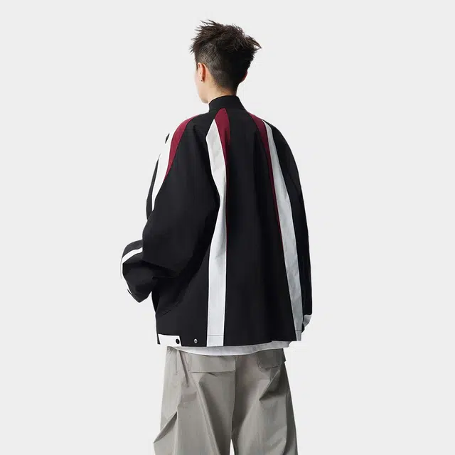 佐菲利 美式裁片拼接立领外套潮牌宽松高街痞帅拉链机车服夹克 男女同款