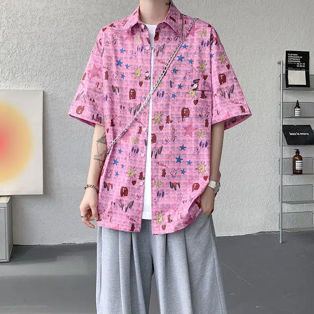 佐菲利 美式涂鸦印花潮牌设计感休闲短袖衬衫 男女同款