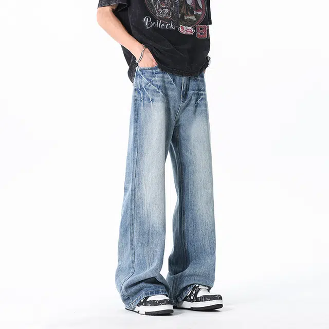 佐菲利 美式潮牌复古水洗做旧设计感高街痞帅宽松直筒牛仔裤 男女同款