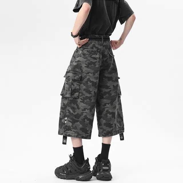 佐菲利 美式高街迷彩夏季重磅潮牌工装七分裤宽松阔腿运动中裤牛仔短裤 男女同款