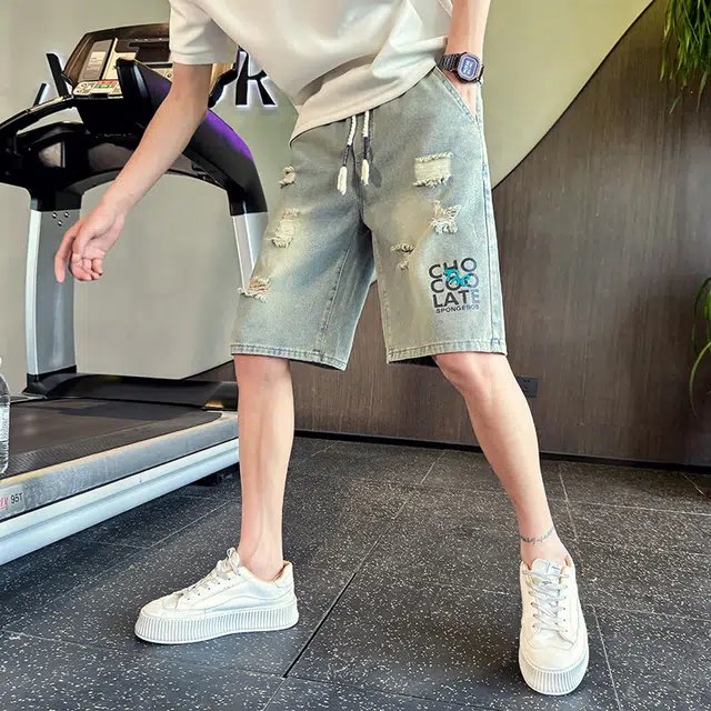 佐菲利 破洞休闲复古水洗炸街痞帅裤子宽松潮牌直筒夏季牛仔短裤 男女同款