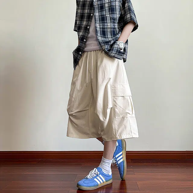 佐菲利 褶皱复古工装裤夏季薄款宽松直筒阔腿裤潮牌痞帅七分裤休闲短裤 男女同款