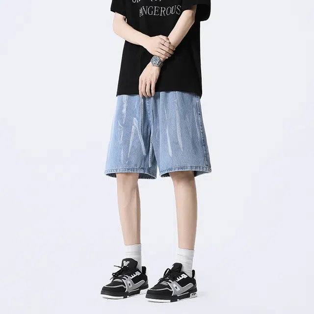 佐菲利 美式复古水洗做旧五分裤子设计感宽松直筒牛仔短裤 男款