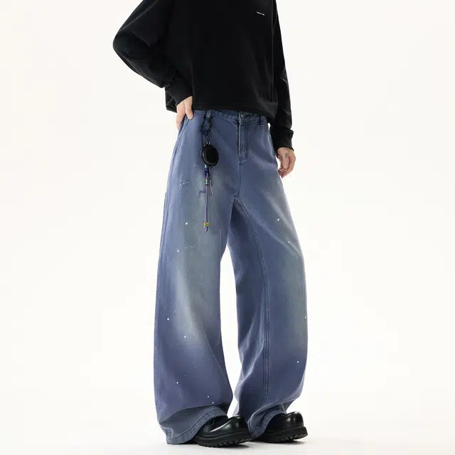 佐菲利 高街美式复古泼墨白点渐变水洗做旧宽松直筒破洞裤牛仔裤 男女同款