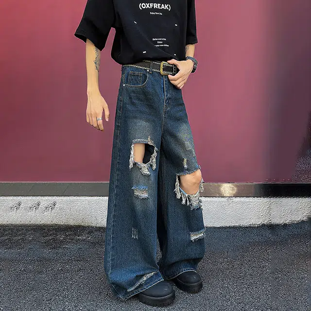 佐菲利 美式高街复古做旧破洞毛边设计拖地小众宽松百搭阔腿牛仔裤 男女同款