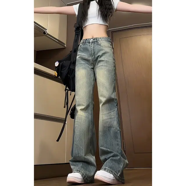 佐菲利 美式高街水洗做旧痞帅闪电纹设计直筒微喇潮流百搭牛仔裤 男女同款