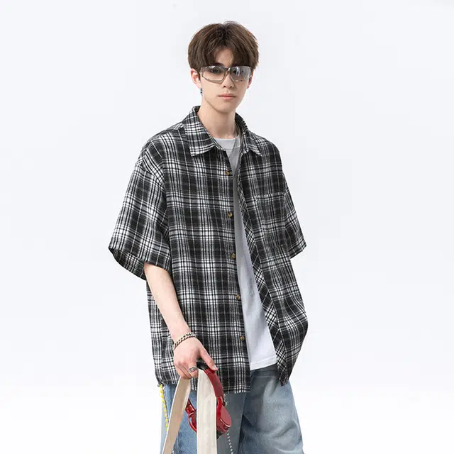 佐菲利 格子夏季美式复古高级感情侣休闲衬衣外套短袖衬衫 男女同款