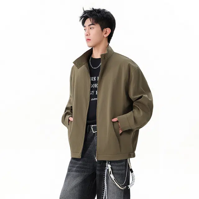 佐菲利 美式复古扎染立领皮高街痞帅设计感皮衣外套潮夹克 男女同款