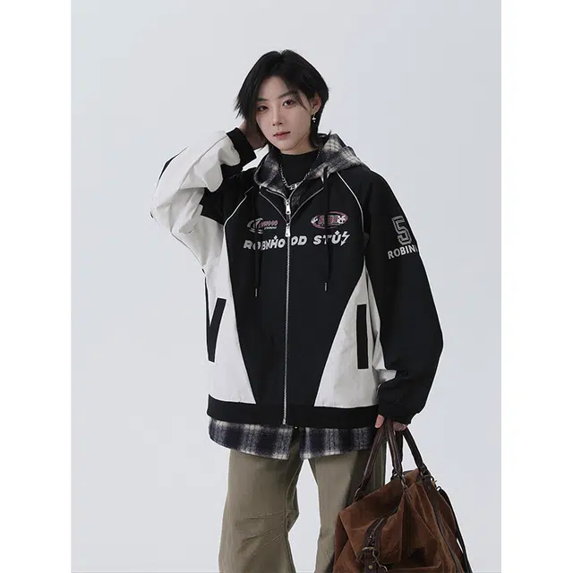 佐菲利 连帽假两件格子小众设计感拼接撞色美式高街字母夹克外套 男女同款