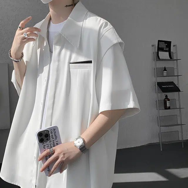 佐菲利 高级感美式痞帅休闲潮流小众解构穿搭衬衣短袖衬衫 男款