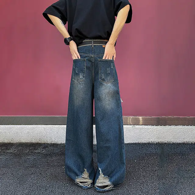 佐菲利 美式高街复古做旧破洞毛边设计拖地小众宽松百搭阔腿牛仔裤 男女同款