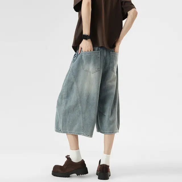 佐菲利 美式解构弯刀七分裤夏季宽松复古高级感直筒百搭阔腿牛仔短裤 男女同款