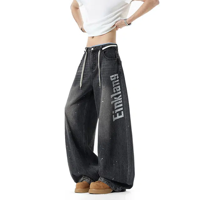 佐菲利 高街泼墨夏季美式潮牌做旧弯刀裤子复古百搭印花阔腿长裤牛仔裤 男款