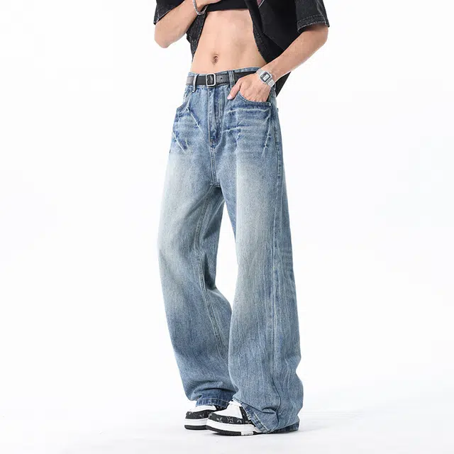 佐菲利 美式潮牌复古水洗做旧设计感高街痞帅宽松直筒牛仔裤 男女同款