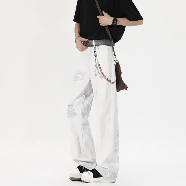 佐菲利 美式复古链条浮雕高街直筒微喇牛仔裤 男女同款