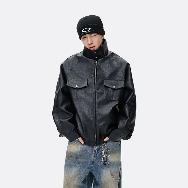 佐菲利 美式复古工装机车皮衣高街痞帅多口袋潮牌休闲宽松外套夹克 男女同款