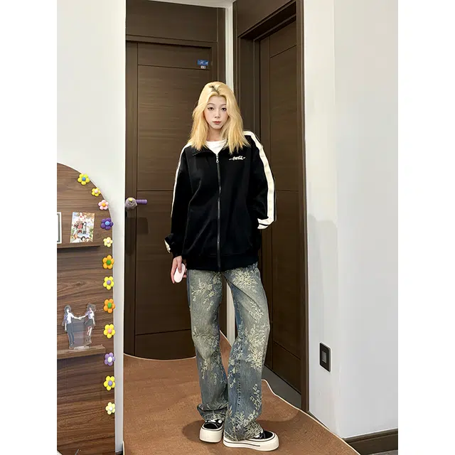 佐菲利 美式高街百搭直筒复古水洗中腰显高弹力提花刺绣情侣款牛仔裤 男女同款