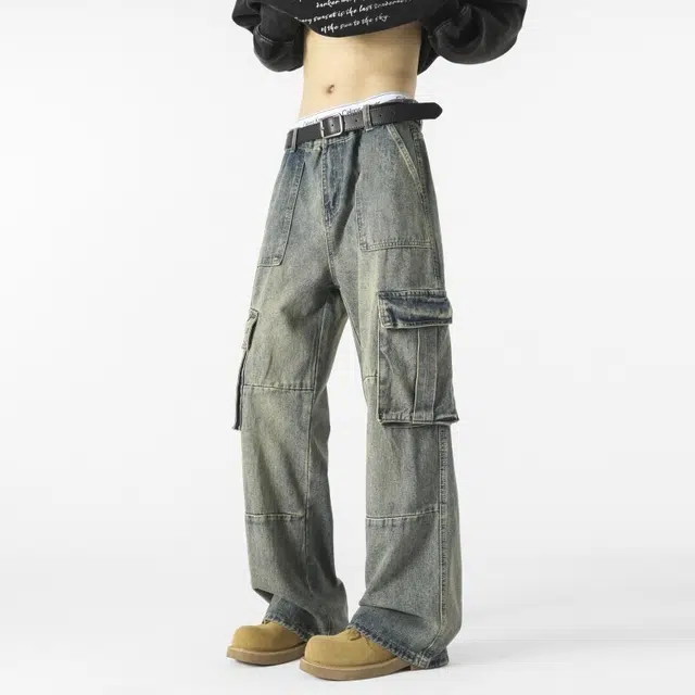 佐菲利 多口袋水洗工装美式复古宽松休闲百搭做旧直筒长裤牛仔裤 男女同款