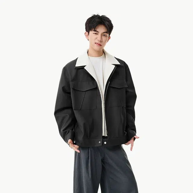 佐菲利 老钱风假两件拼接美式复古水洗麂皮正肩外套高智感穿搭夹克 男女同款