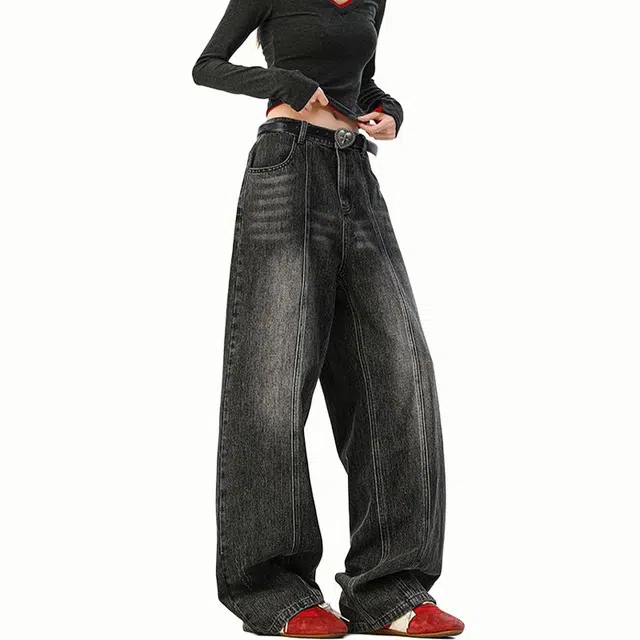 佐菲利 美式复古水洗解构高级感痞帅弯刀裤百搭休闲阔腿裤牛仔裤 男女同款