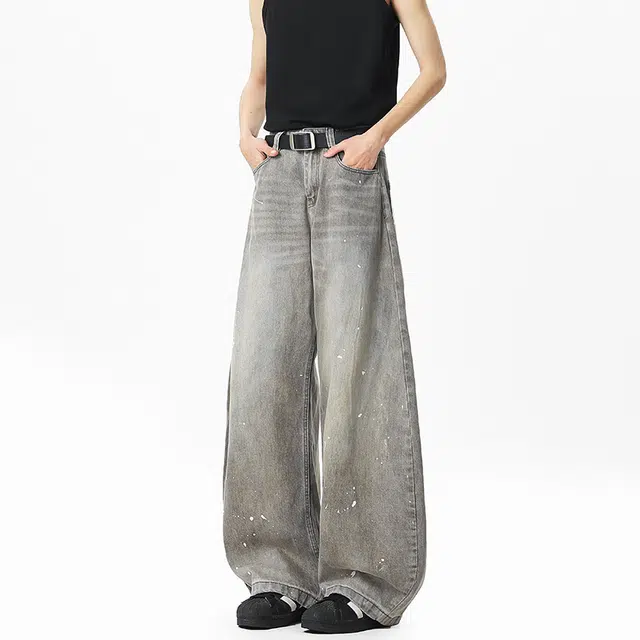 佐菲利 美式复古水洗做旧泼墨弯刀宽松潮牌高街阔腿裤子牛仔裤 男女同款