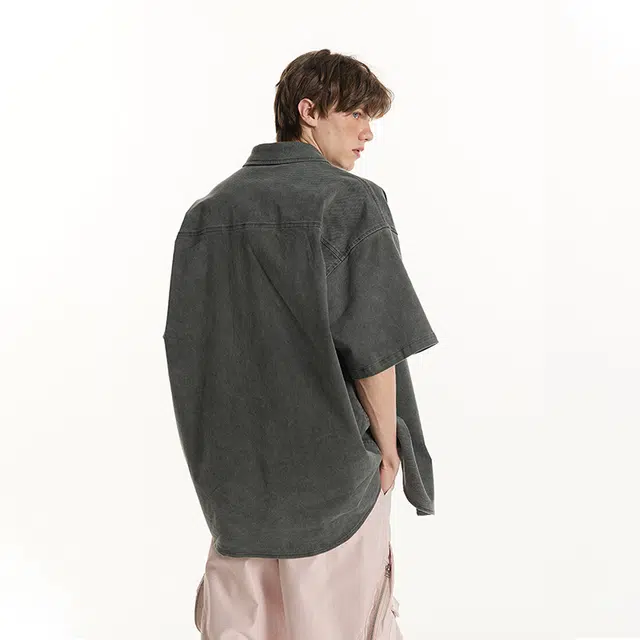 佐菲利 复古简约百搭个性印花设计港风潮牌痞帅牛仔夏季短袖衬衫 男女同款