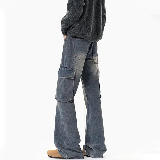 佐菲利 美式复古工装宽松直筒阔腿裤水洗做旧多口袋休闲长裤牛仔裤 男女同款