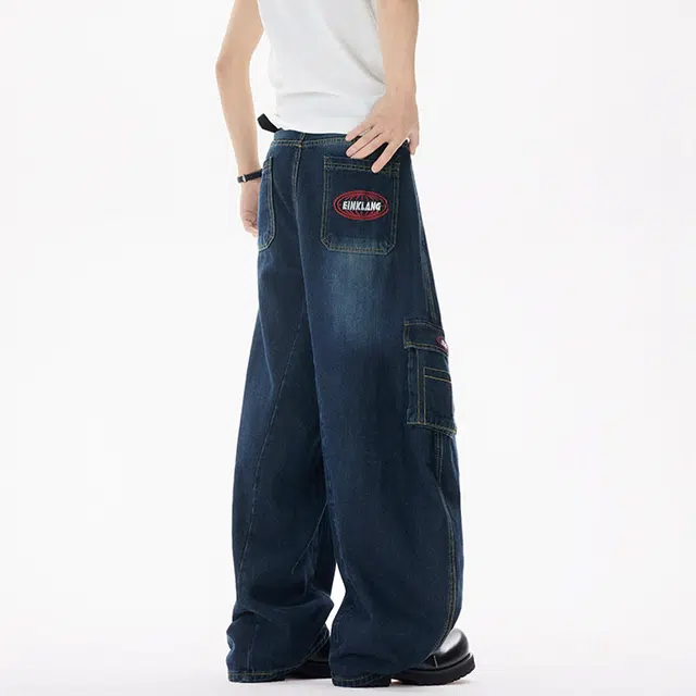 佐菲利 美式水洗多口袋弯刀复古潮牌做旧长裤夏季宽松垂感阔腿裤牛仔裤 男款