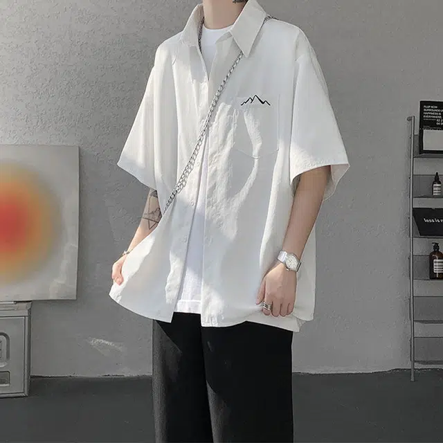 佐菲利 高级感痞帅薄款冰丝防晒潮流宽松尖领短袖衬衫 男款