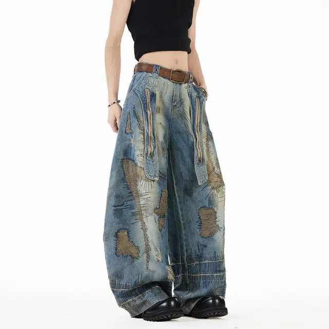 佐菲利 美式重工弯刀潮牌乱针刺绣裤子废土风阔腿长裤牛仔裤 男女同款