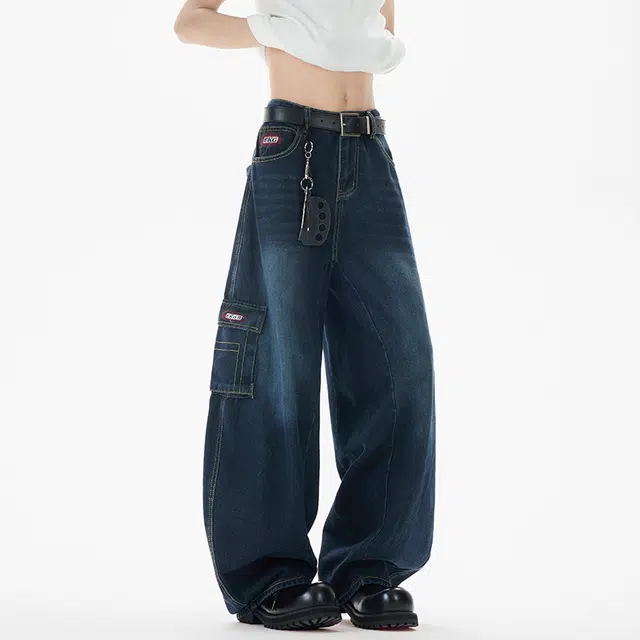 佐菲利 美式水洗多口袋弯刀复古潮牌做旧长裤夏季宽松垂感阔腿裤牛仔裤 男款