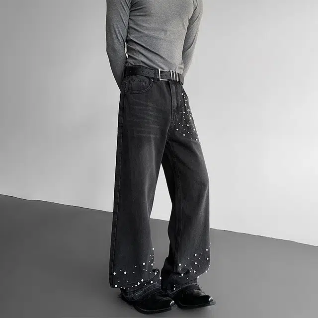 佐菲利 美式街头重工珍珠满天星镶珠烫珠宽松直筒痞帅高街阔腿裤牛仔裤 男女同款