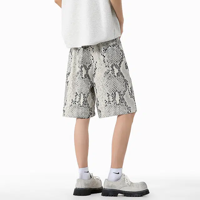 佐菲利 美式高街小众高级感宽松直筒五分抽绳迷彩休闲短裤 男女同款 蛇纹白