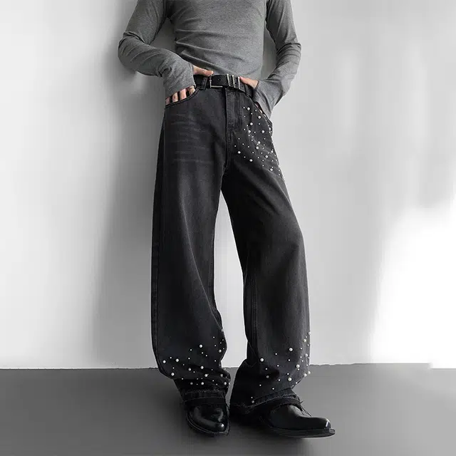 佐菲利 美式街头重工珍珠满天星镶珠烫珠宽松直筒痞帅高街阔腿裤牛仔裤 男女同款