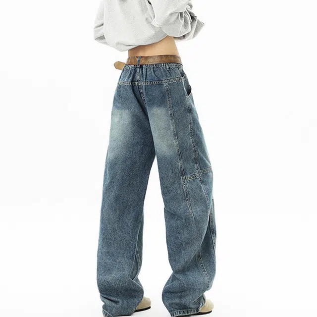 佐菲利 美式复古水洗拼接高街解构直筒长裤设计感做旧阔腿裤子牛仔裤 男女同款