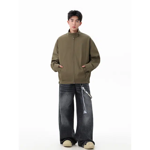 佐菲利 美式复古扎染立领皮高街痞帅设计感皮衣外套潮夹克 男女同款