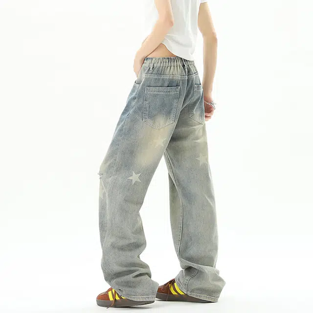 佐菲利 高街水洗直筒夏季美式复古做旧星星印花宽松显瘦超火牛仔裤 男女同款