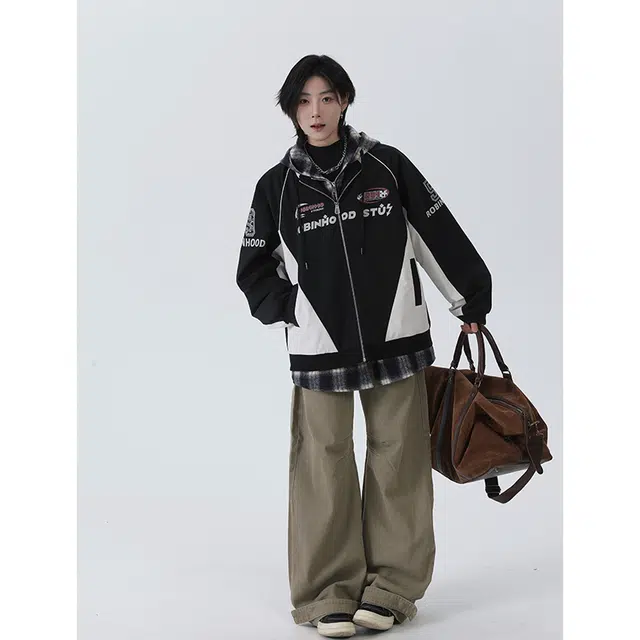 佐菲利 连帽假两件格子小众设计感拼接撞色美式高街字母夹克外套 男女同款