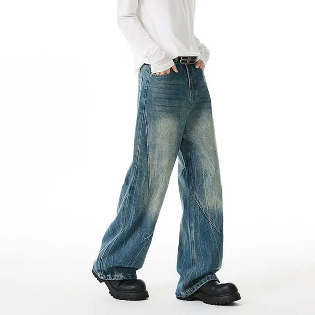 佐菲利 美式水洗闪电纹弯刀潮牌高街显瘦百搭宽松直筒阔腿裤牛仔裤 男女同款