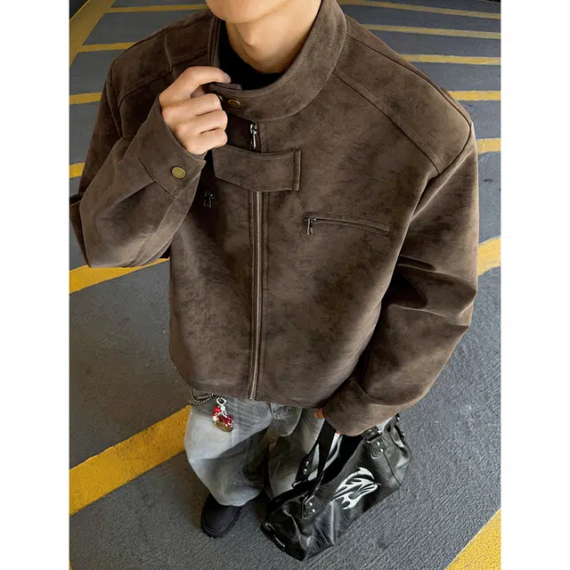 佐菲利 休闲设计感帅气简约美式复古短款宽松立领机车外套男秋季夹克 男女同款