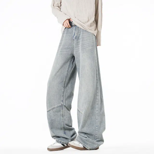 佐菲利 美式水洗做旧高街百搭宽松阔腿潮牌褶皱拼接长裤牛仔裤 男女同款