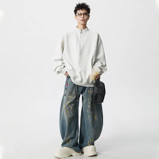 佐菲利 重磅金属拉链潮牌宽松拼接设计感长袖美式休闲圆领外套卫衣 男女同款